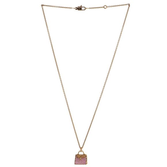 Hermes Amulettes Kelly Pendant NM Necklace 18K Rose Gold and Pink Sapphires - - Picture 2 of 4